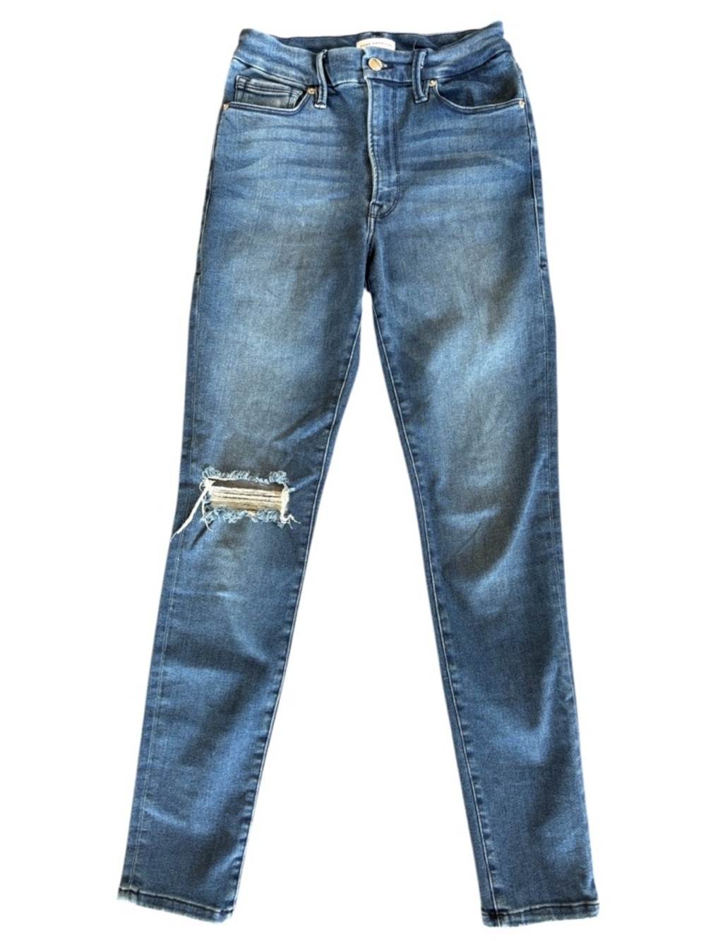 Good American High Rise Skinny‎ Ankle Blue Jeans Destroyed Knee Size 24 / 6